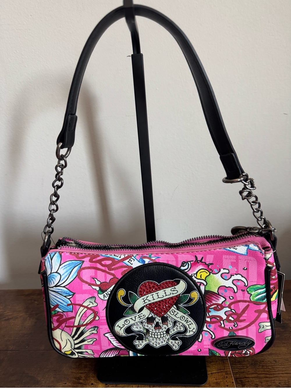 Ed Hardy Pink Graphic Skull Shoulder Bag